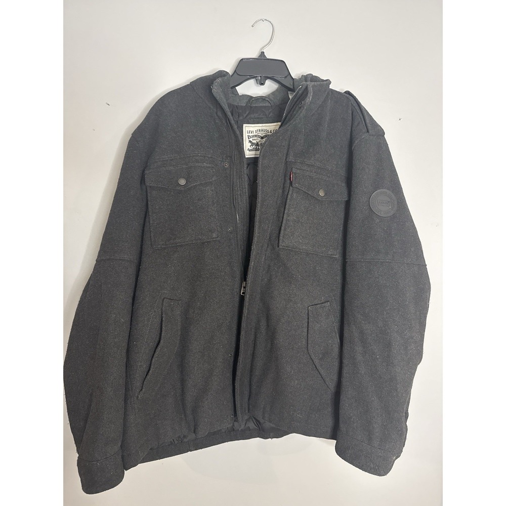 Levi Strauss Wool Blend Jacket Mens Gray Hooded Full Zip Button Quilted Lined